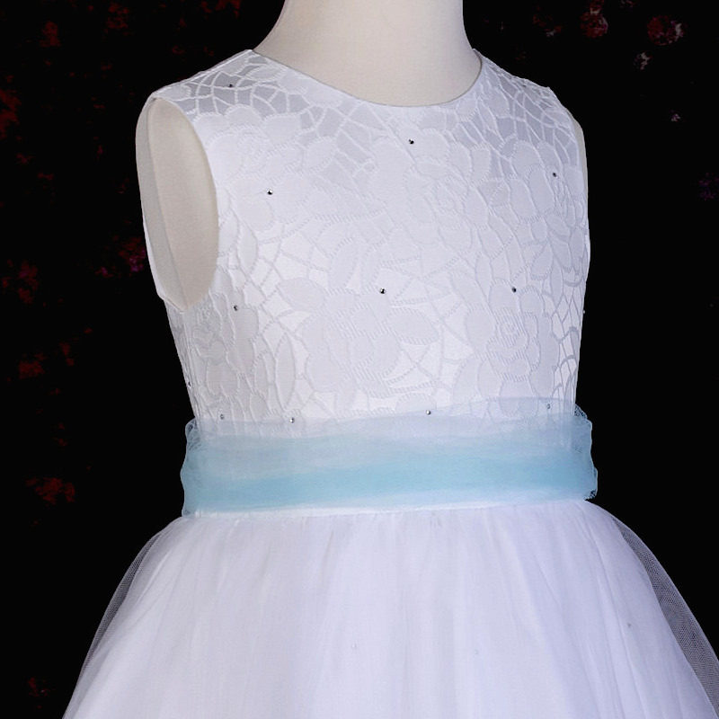 White Flower Girl Dress with blue waist band and bow on outlets back